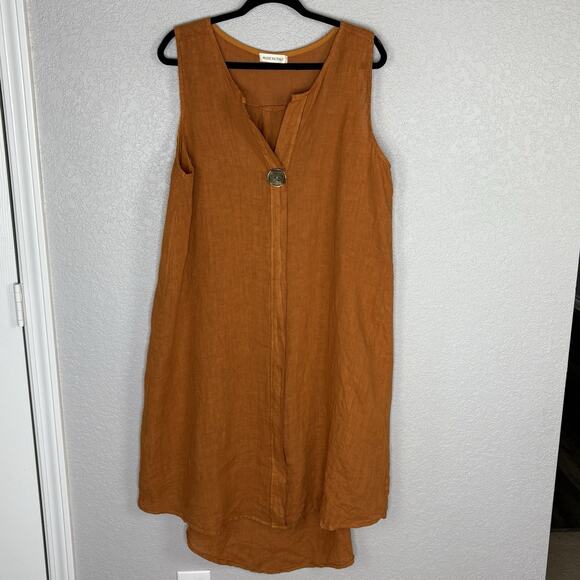 Italian Size 2X Shift Dress Midi Linen Sleeveless Beachy Lagenlook Burnt Orange - Picture 2 of 5